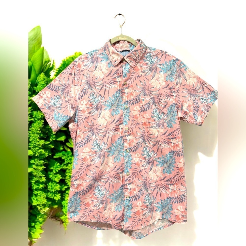 IZOD saltwater islander pink tropical Hawaiian 100% cotton button down size L